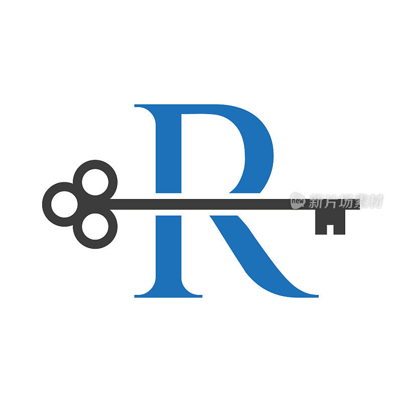 字母R房地产标志概念与Home Lock键向量模板。豪华家居标志关键标志